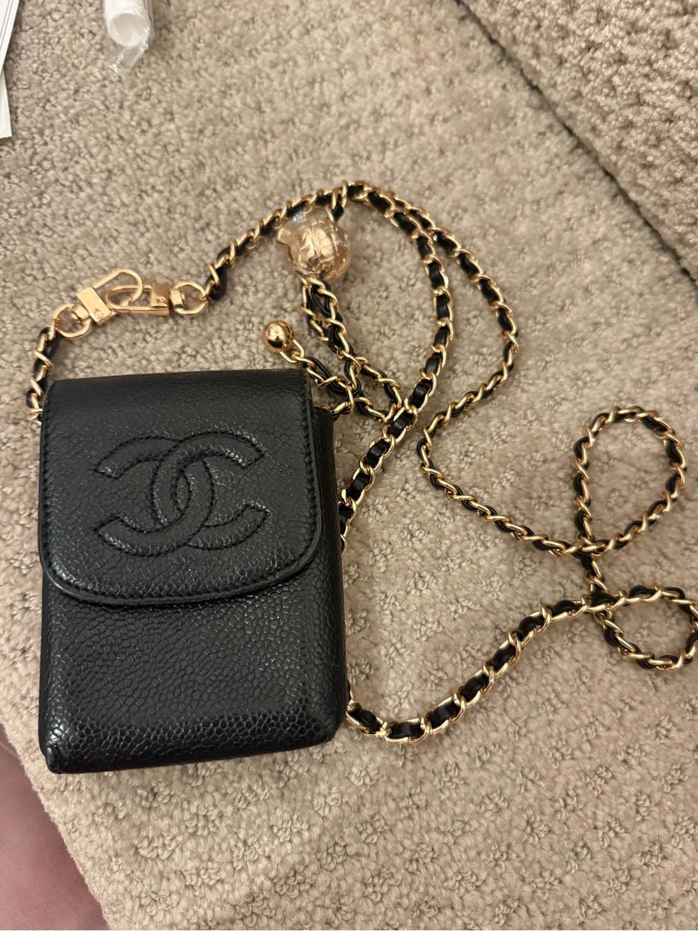 CHANEL Black Leather CC Logo Chain Crossbody Phone Pouch with Gold Chain Accent